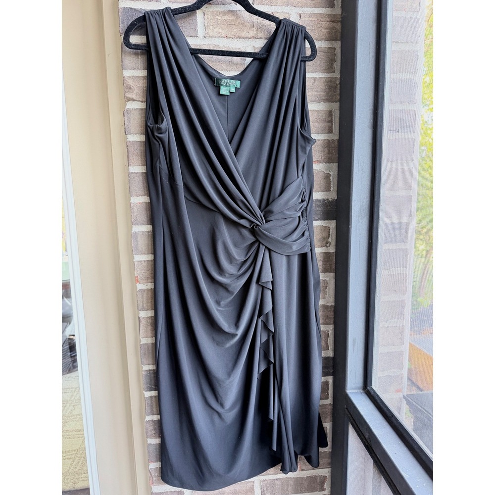 Lauren Ralph Lauren Dress Womens 18W Black Sleeveless Faux Wrap LBD Drape